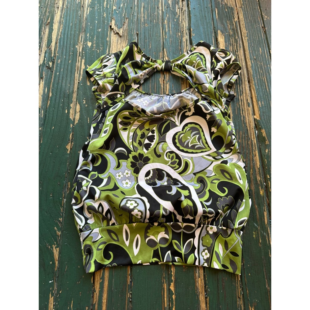 Green Paisley Floral Bubble Hem Top Cap Sleeve Bow Back Blouse Womens - Picture 5 of 6